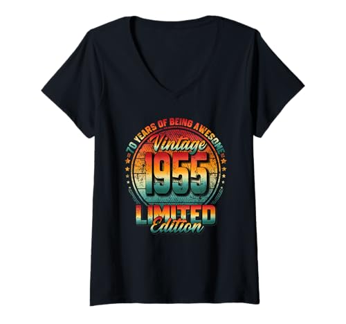 Damen 70. Geburtstag Mann Frau 70 Jahre Vintage 1955 Deko Lustig T-Shirt mit V-Ausschnitt Damen 70. Geburtstag Mann Frau 70 Jahre Vintage 1955 Deko Lustig T-Shirt mit V-Ausschnitt von 70 Jahre Mann Frau Damen Herren Geburtstag