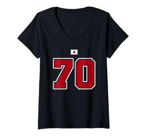 Damen 70 Nummer College Style Vintage Rot Weiß Japan Flagge T-Shirt mit V-Ausschnitt Damen 70 Nummer College Style Vintage Rot Weiß Japan Flagge T-Shirt mit V-Ausschnitt von 70 Nummer College Style Rot Weiß Japan