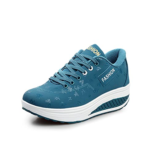 700-INK Damen Plateau Sneaker Outdoor Keilabsatz Freizeitschuhe Frauen rutschfest Wedge Wanderschuhe für Sport, Laufen - Blue 39 von 700-INK