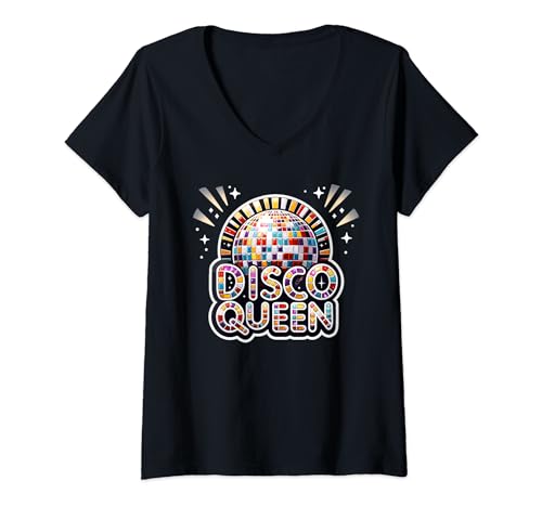 Damen Disco Queen Disko Girl Königin der Tanzfläche Party Girl T-Shirt mit V-Ausschnitt von 70er 80e Retro Diskothek Nachtleben Tanzclub Musik