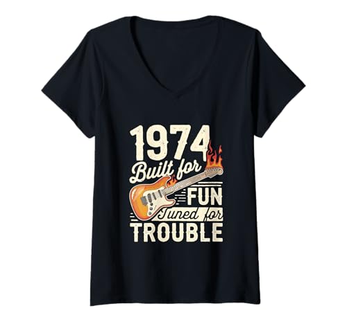 Damen Vintage 1974 Birthday Party 70s Rock Music Guitar Lover Dad T-Shirt mit V-Ausschnitt von 70er Jahre Geburtstag Outfit Männer & Frauen