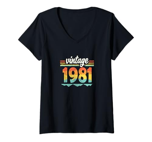 Damen Vintage 1981 Retro Geburtstagsjahr Geschenkidee T-Shirt mit V-Ausschnitt Damen Vintage 1981 Retro Geburtstagsjahr Geschenkidee T-Shirt mit V-Ausschnitt von 70er Jahre Retro Geschenke für Geburtstag