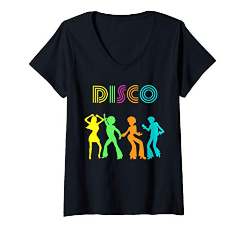 Damen 70er Jahre Disco-Tänzer/Tanzparty, lustiges Design T-Shirt mit V-Ausschnitt Damen 70er Jahre Disco-Tänzer/Tanzparty, lustiges Design T-Shirt mit V-Ausschnitt von 70er Jahre Retro-Partyzeit.