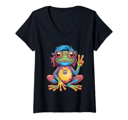 Damen Hippie 1970 70er Farbiger Frosch Flower Power frösche Kostüm T-Shirt mit V-Ausschnitt Damen Hippie 1970 70er Farbiger Frosch Flower Power frösche Kostüm T-Shirt mit V-Ausschnitt von 70er und 80er Flower Power Karneval Hippie Designs