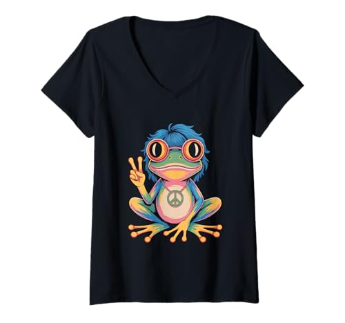 Damen Hippie 1970 70er Farbiger Frosch Flower Power frösche Kostüm T-Shirt mit V-Ausschnitt Damen Hippie 1970 70er Farbiger Frosch Flower Power frösche Kostüm T-Shirt mit V-Ausschnitt von 70er und 80er Flower Power Karneval Hippie Designs