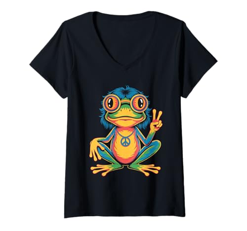 Damen Hippie 1970 70er Farbiger Frosch Flower Power frösche Kostüm T-Shirt mit V-Ausschnitt Damen Hippie 1970 70er Farbiger Frosch Flower Power frösche Kostüm T-Shirt mit V-Ausschnitt von 70er und 80er Flower Power Karneval Hippie Designs