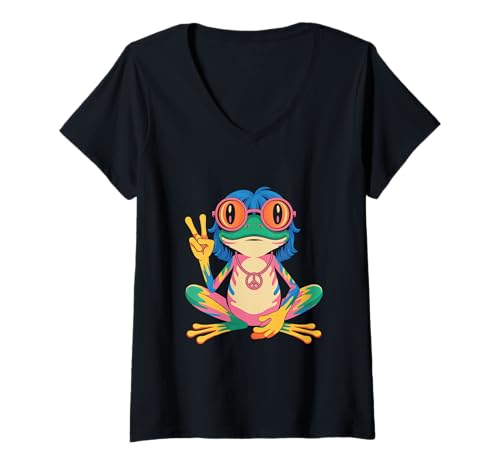 Damen Hippie 1970 70er Farbiger Frosch Flower Power frösche Kostüm T-Shirt mit V-Ausschnitt Damen Hippie 1970 70er Farbiger Frosch Flower Power frösche Kostüm T-Shirt mit V-Ausschnitt von 70er und 80er Flower Power Karneval Hippie Designs