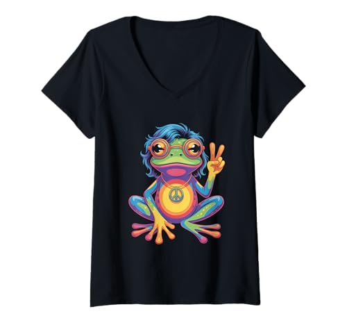Damen Hippie 1970 70er Farbiger Frosch Flower Power frösche Kostüm T-Shirt mit V-Ausschnitt Damen Hippie 1970 70er Farbiger Frosch Flower Power frösche Kostüm T-Shirt mit V-Ausschnitt von 70er und 80er Flower Power Karneval Hippie Designs