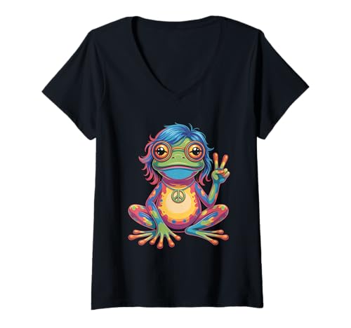 Damen Hippie 1970 70er Farbiger Frosch Flower Power frösche Kostüm T-Shirt mit V-Ausschnitt Damen Hippie 1970 70er Farbiger Frosch Flower Power frösche Kostüm T-Shirt mit V-Ausschnitt von 70er und 80er Flower Power Karneval Hippie Designs