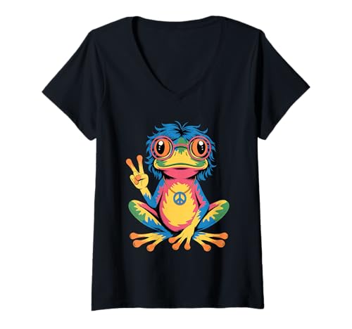 Damen Hippie 1970 70er Farbiger Frosch Flower Power frösche Kostüm T-Shirt mit V-Ausschnitt Damen Hippie 1970 70er Farbiger Frosch Flower Power frösche Kostüm T-Shirt mit V-Ausschnitt von 70er und 80er Flower Power Karneval Hippie Designs