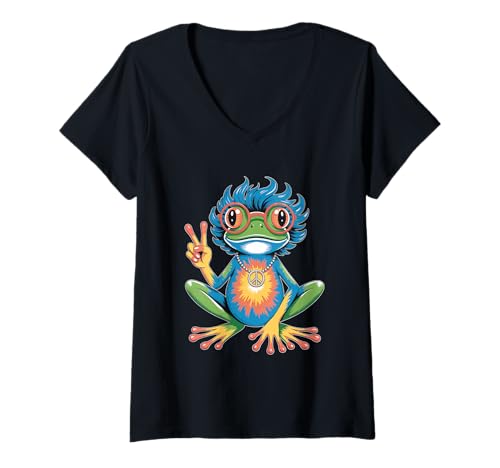 Damen Hippie 1970 70er Farbiger Frosch Flower Power frösche Kostüm T-Shirt mit V-Ausschnitt Damen Hippie 1970 70er Farbiger Frosch Flower Power frösche Kostüm T-Shirt mit V-Ausschnitt von 70er und 80er Flower Power Karneval Hippie Designs