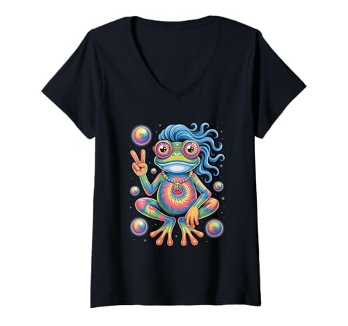 Damen Hippie 1970 70er Farbiger Frosch Flower Power frösche Kostüm T-Shirt mit V-Ausschnitt Damen Hippie 1970 70er Farbiger Frosch Flower Power frösche Kostüm T-Shirt mit V-Ausschnitt von 70er und 80er Flower Power Karneval Hippie Designs
