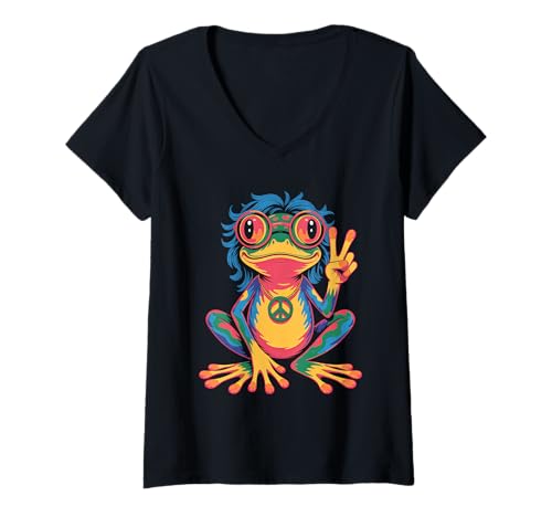 Damen Hippie 1970 70er Farbiger Frosch Flower Power frösche Kostüm T-Shirt mit V-Ausschnitt Damen Hippie 1970 70er Farbiger Frosch Flower Power frösche Kostüm T-Shirt mit V-Ausschnitt von 70er und 80er Flower Power Karneval Hippie Designs