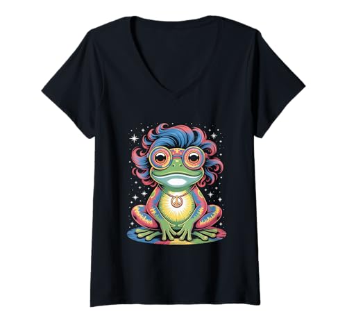 Damen Hippie 1970 70er Farbiger Frosch Flower Power frösche Kostüm T-Shirt mit V-Ausschnitt Damen Hippie 1970 70er Farbiger Frosch Flower Power frösche Kostüm T-Shirt mit V-Ausschnitt von 70er und 80er Flower Power Karneval Hippie Designs