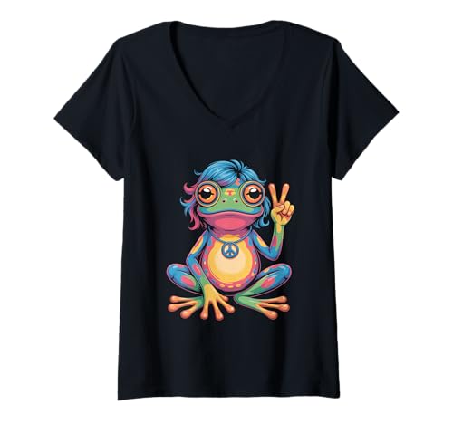 Damen Hippie 1970 70er Farbiger Frosch Flower Power frösche Kostüm T-Shirt mit V-Ausschnitt Damen Hippie 1970 70er Farbiger Frosch Flower Power frösche Kostüm T-Shirt mit V-Ausschnitt von 70er und 80er Flower Power Karneval Hippie Designs