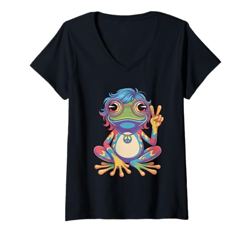 Damen Hippie 1970 70er Farbiger Frosch Flower Power frösche Kostüm T-Shirt mit V-Ausschnitt Damen Hippie 1970 70er Farbiger Frosch Flower Power frösche Kostüm T-Shirt mit V-Ausschnitt von 70er und 80er Flower Power Karneval Hippie Designs