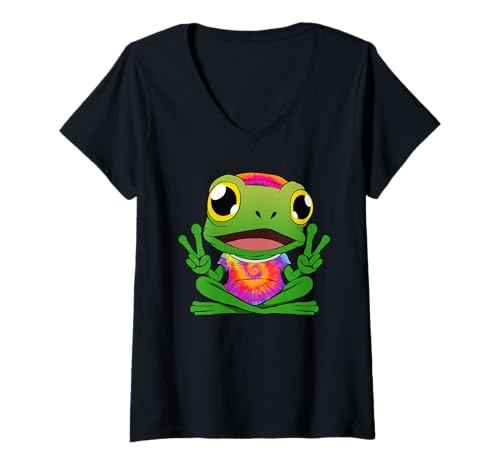 Damen Hippie 1970 70er farbiger frosch flower power frösche Kostüm T-Shirt mit V-Ausschnitt von 70er und 80er Flower Power Karneval Hippie Designs