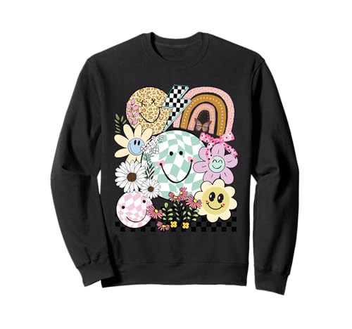 Lustiges Kariertes Happy Smiling Smile Face Daisy Flower Girl Sweatshirt von 70s Cute Smile Face Flower Happy Peace Hippie Tee