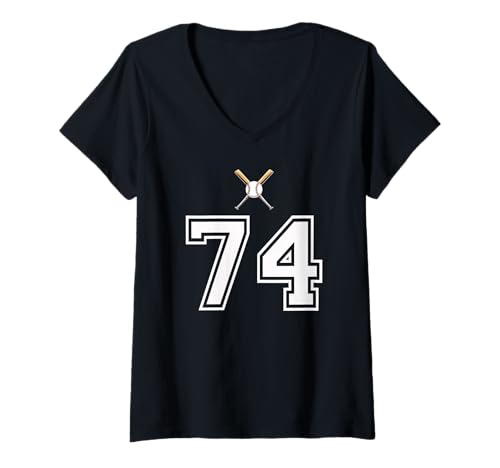 Damen 74 Nummer Baseball Style Vintage Weiß T-Shirt mit V-Ausschnitt Damen 74 Nummer Baseball Style Vintage Weiß T-Shirt mit V-Ausschnitt von 74 Nummer Baseball Style Weiß