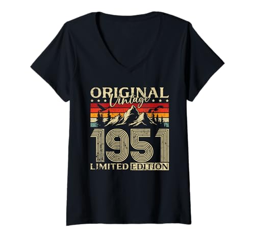 Damen 75. Geburtstag Mann Frau 75 Jahre Vintage 1951 Deko Lustig T-Shirt mit V-Ausschnitt von 75 Jahre Mann Frau Damen Herren Geburtstag