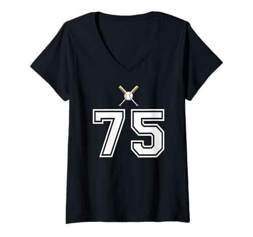 Damen 75 Nummer Baseball Style Vintage Weiß T-Shirt mit V-Ausschnitt Damen 75 Nummer Baseball Style Vintage Weiß T-Shirt mit V-Ausschnitt von 75 Nummer Baseball Style Weiß