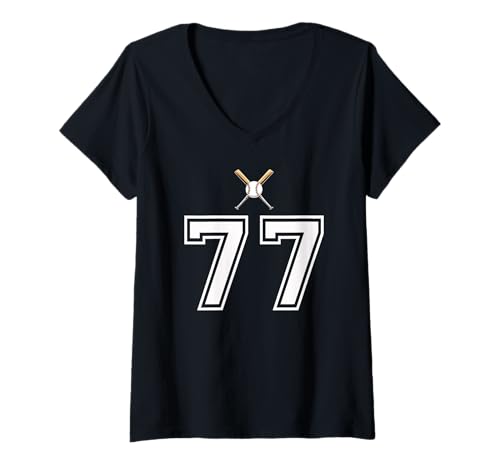 Damen 77 Nummer Baseball Style Vintage Weiß T-Shirt mit V-Ausschnitt Damen 77 Nummer Baseball Style Vintage Weiß T-Shirt mit V-Ausschnitt von 77 Nummer Baseball Style Weiß