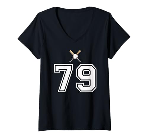 Damen 79 Nummer Baseball Style Vintage Weiß T-Shirt mit V-Ausschnitt von 79 Nummer Baseball Style Weiß