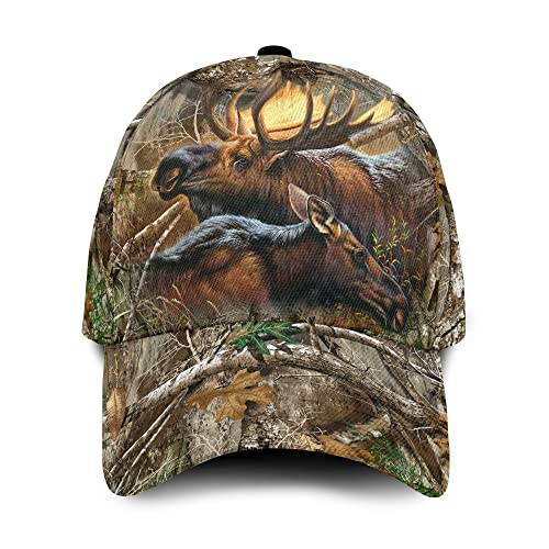 799 Herren Damen Distressed Basecap Baseball Kappen Leicht Abwaschbar Atmungsaktiv Trucker Kappe Für Laufen Draussen Elch-Camouflage, Wildes Elch-Paar Im Holz-Militär, Jagdgeschenke Für Jäger von 799