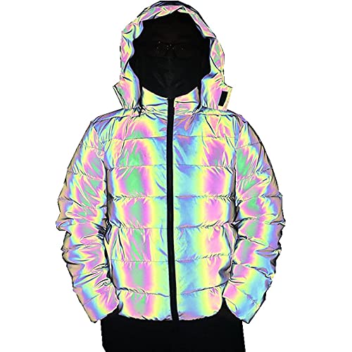 7HAHA3 Winter Männer Regenbogen Reflektierende Kapuzen Parkas Daunenjacke Baumwolle Leuchtende Kleidung Street Fashion Hip Hop Outcoat,Rainbow,3XL(185CM90KG) von 7HAHA3