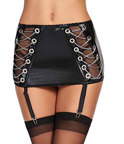 7-Heaven Schwarzes Wetlook Strapsgürtel Set mit passenen Strümpfen und Ketten 3XL von 7Heaven