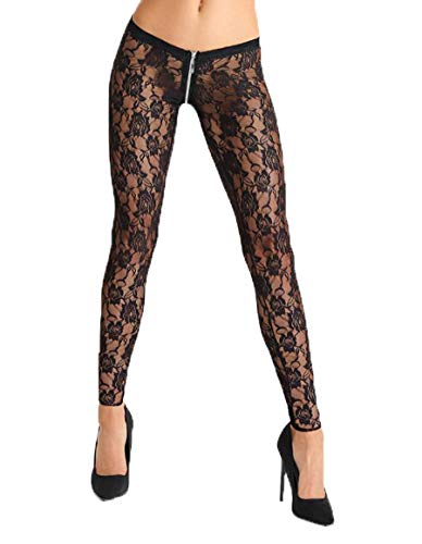 7Heaven Damen Leggings schwarz transparent aus Spitze dehnbar Frauen Pants mit Reißverschluss Blumenmuster erotisch L von 7Heaven