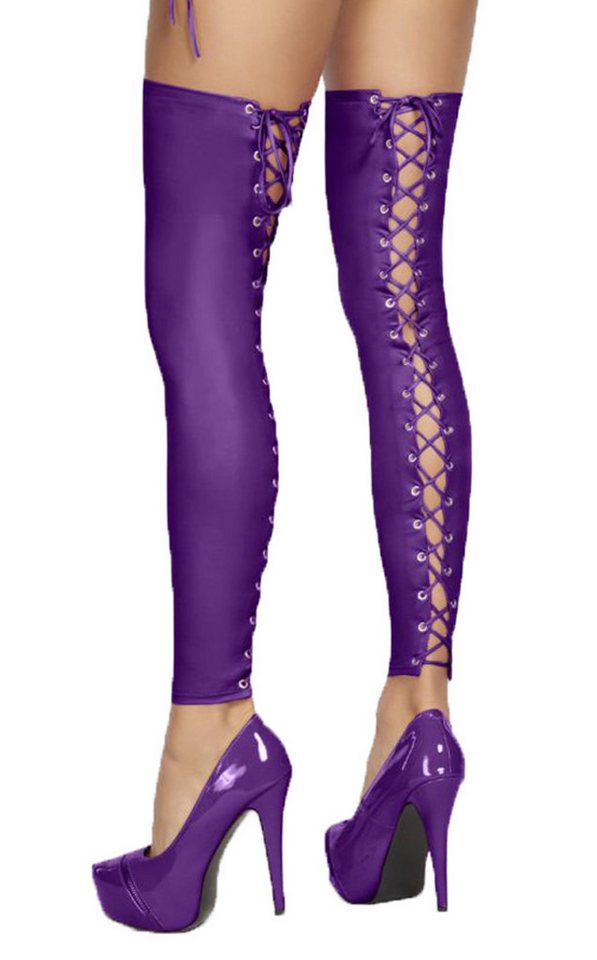 7Heaven Halterlose Strümpfe Lila Dessous Strümpfe Bein-Stulpen mit Schnürung aus wetlook Material von 7Heaven