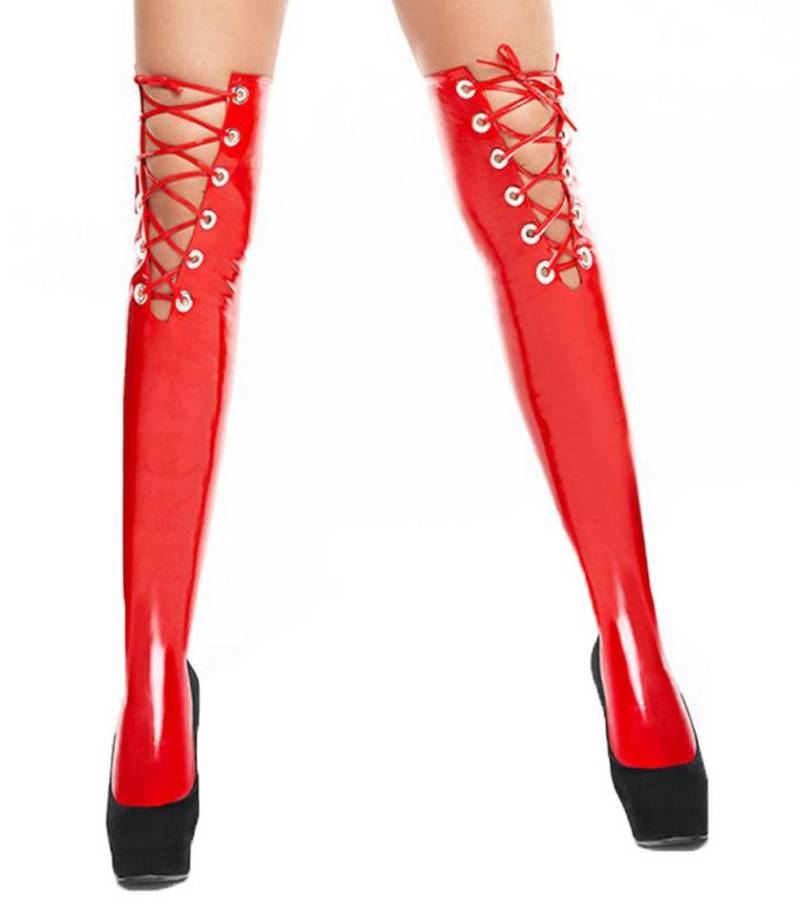 7Heaven Halterlose Strümpfe Rote Damen Dessous Lack Strümpfe elastisch mit Schnürung Stockings glä von 7Heaven