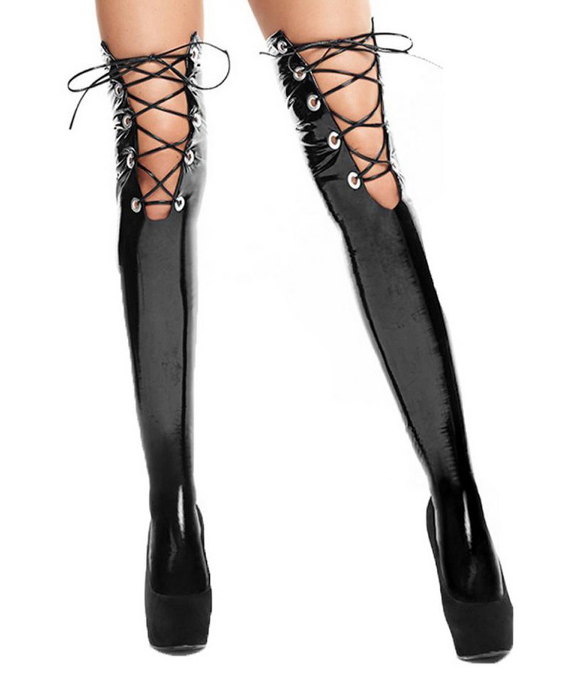 7Heaven Halterlose Strümpfe Damen Dessous Strümpfe schwarz Lack Material Stockings mit Schnürung von 7Heaven