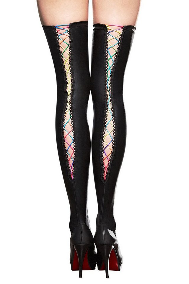 7Heaven Halterlose Strümpfe Schwarze Wetlook Straps-Strümpfe mit Schnürung Damen Stockings von 7Heaven
