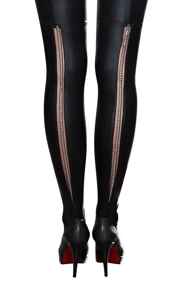 7Heaven Halterlose Strümpfe Schwarze Wetlook Straps-Strümpfe mit Tüll und Metallkette auf der Rück von 7Heaven