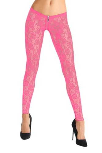 7Heaven Pinke Damen Spitzen Leggings dehnbar mit Gummibund, Blumenmotiven und 2-Wege Reißverschluss M von 7Heaven