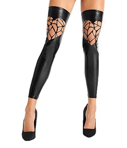 7Heaven Schwarze wetlook Vinyl Strümpfe mit Reißverschluss und Cut-Outs in Herz Form Damen Bein-Stulpen selbsttragend dehnbar L/XL von 7Heaven