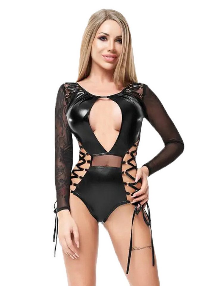 7Heaven Stringbody Schwarzer Damen Dessous Wetlook Body langarm mit Netzmaterial, Schnüru von 7Heaven