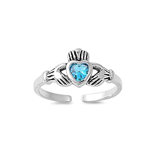 Zehenring aus 925 Sterling Silber als Fußschmuck für Damen, Herren und Mädchen, Größenverstellbar, blauer Zirkonia Claddagh 1 von 7K