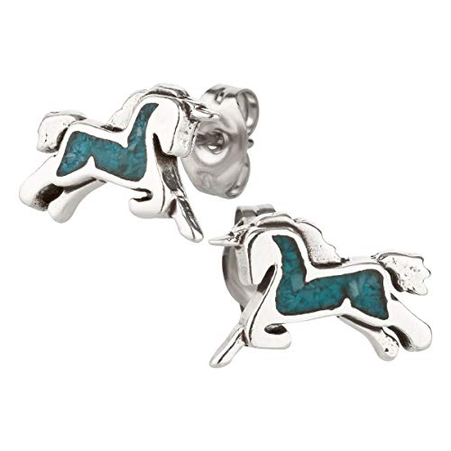 Ohrstecker Ohrringe Einhorn Silber 925 Sterling Türkis Inlay als Ohrschmuck mit kleiner Schmuckbox - 7K - Indianer Schmuck Geschenke für Damen, Mädchen, Jungen, Kinder und Herren von 7K