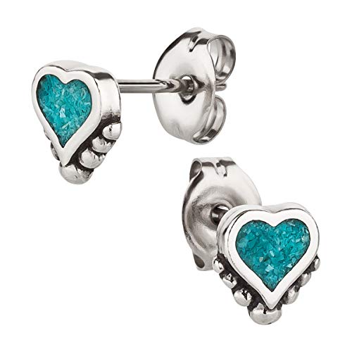 Ohrstecker Ohrringe Herz Silber 925 Sterling Türkis Inlay als Ohrschmuck mit kleiner Schmuckbox - 7K - Indianer Schmuck Geschenke für Damen, Mädchen, Jungen, Kinder und Herren von 7K