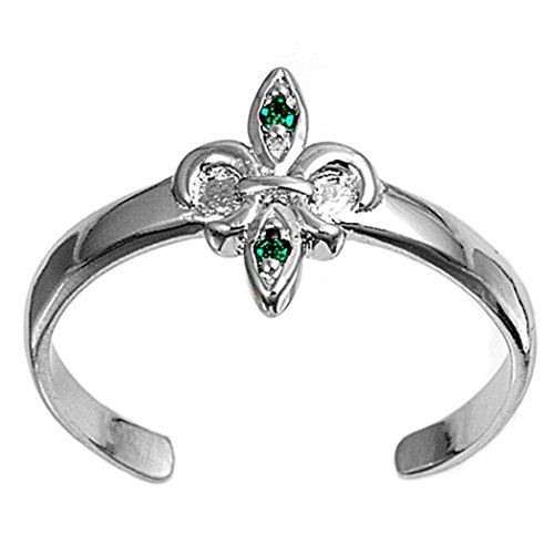 Zehenring aus 925 Sterling Silber als Fußschmuck für Damen, Herren und Mädchen, Größenverstellbar, grüner Zirkonia Fleur de Lise von 7K