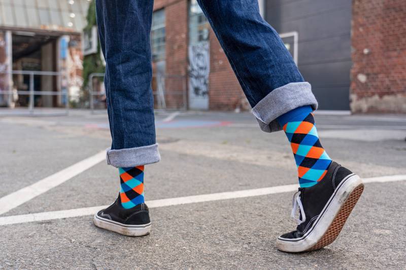 Tartan Checkered Socks, Blue Orange Funky Colorful Modern Stylish Crew Warm Socks von 7LoopsFashion