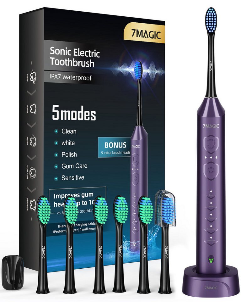 MCURO Schallzahnbürste Elektrische Zahnbürste mit Schalltechnologie 40000VPM UIltraschall, Aufsteckbürsten: 6 St., für Erwachsene und Kinder, Modell: D36, 5 Zahnputz-Modi,Putzdauer-Erinnerung, Wasserdicht von MCURO