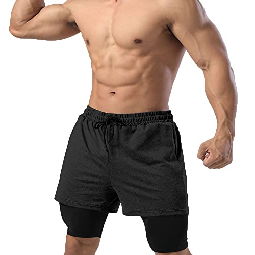 7Power Herren Laufshorts 2-in-1 Gym Workout Atmungsaktiv Athletic Sport Training Shorts mit Handytaschen, Schwarz, XXL von 7Power