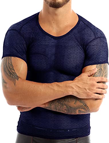 Durchsichtige Hemden für Herren, Fischnetz, Mesh, eng anliegende Kurzarm-T-Shirts für Muskeloberteile, Clubwear Color Dark Blue Size XXL von 7Power