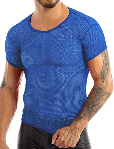 Durchsichtige Hemden für Herren, Fischnetz, Mesh, eng anliegende Kurzarm-T-Shirts für Muskeloberteile, Clubwear Color Blue Size XL von 7Power