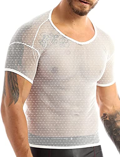 Durchsichtige Hemden für Herren, Fischnetz, Mesh, eng anliegende Kurzarm-T-Shirts für Muskeloberteile, Clubwear Color White Size XXL von 7Power