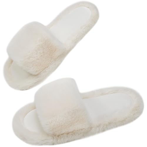 7STROBBS Hausschuhe Damen Winter Plüsch Warme Pantoffeln Rutschfeste Flache Slipper Weiche Flauschige Pantoletten Memory Foam Sohlen Schuhe Weiß EU 40/41 von 7STROBBS